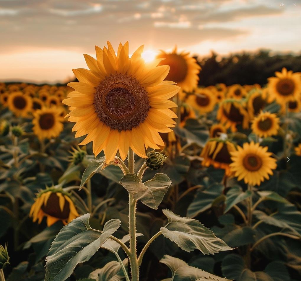 The delicate, feathery petals of this sunflower gently unfurl, revealing a rich, golden center that seems to glow with warmth and vitality. The flower's sturdy, green stem and broad leaves provide a strong, supportive foundation for its graceful, sun-like appearance.