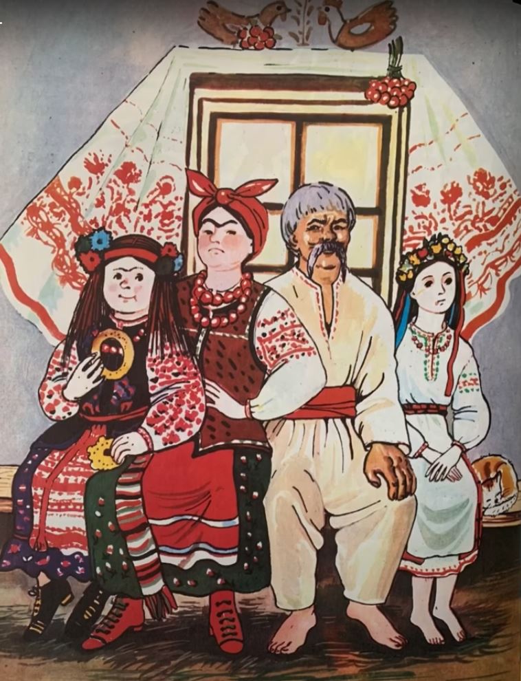 a children's book illustration of the ukrainian family sitting in their traditional , a man with grey hair and mustache wearing white shirt is holding his daughter who has red headband on her forehead, they sit near an open window of house with national symbols painted on it wall