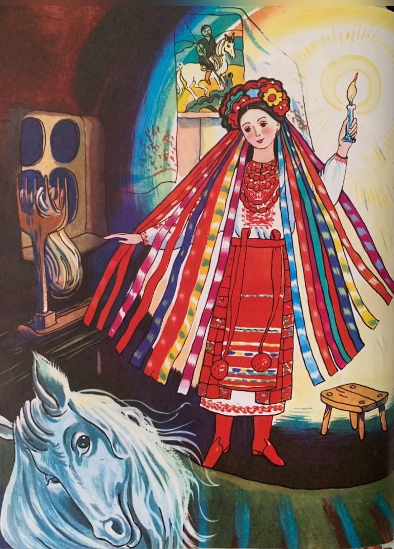 a page from an illustrated book, showing colorful illustration of Ukrainian girl in traditional dress holding long burning candle standing on the floor with white horse next to her and magic lamp behind. She is surrounded by bright light and aura around head. The background shows interior room with wall painting
