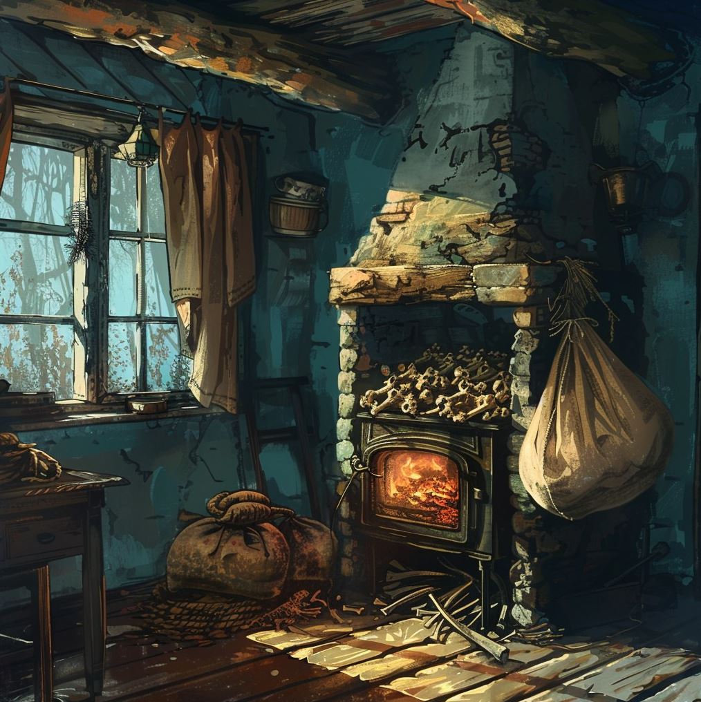A fireplace in an old cottage has lots of rough bones and is very dirty with large bags hanging from the wall next to it. Smoke is coming out of its chimney, and a small window behind lights up from the firelight shining through. This is a fantasy art style painting in the style of unknown artist.