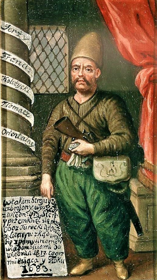 Portrait of Yurii Franz Kulczycki. A Ottoman man with green trousers, brown shirt and hat is holding the gun in his hand, he has mustache on face , there’s an ancient scroll next to him written by black ink "stammek figure" on it , old painting style.
