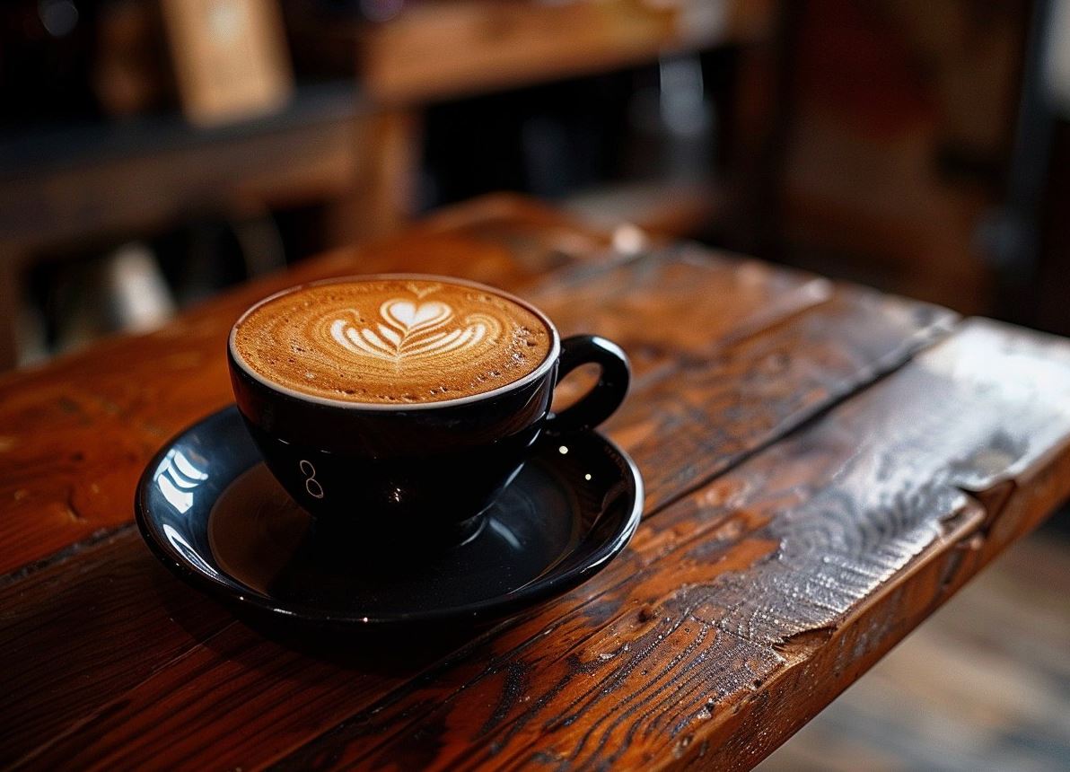 A closeup shot of an elegant cup with latte art on the top, placed in the center of a rustic wooden table, captured from a low angle perspective. The setting is in an urban coffee shop, showcasing a cozy and inviting atmosphere. The focus is sharp to highlight intricate details like steam patterns or delicate milk shapes in the cappuccino's surface.