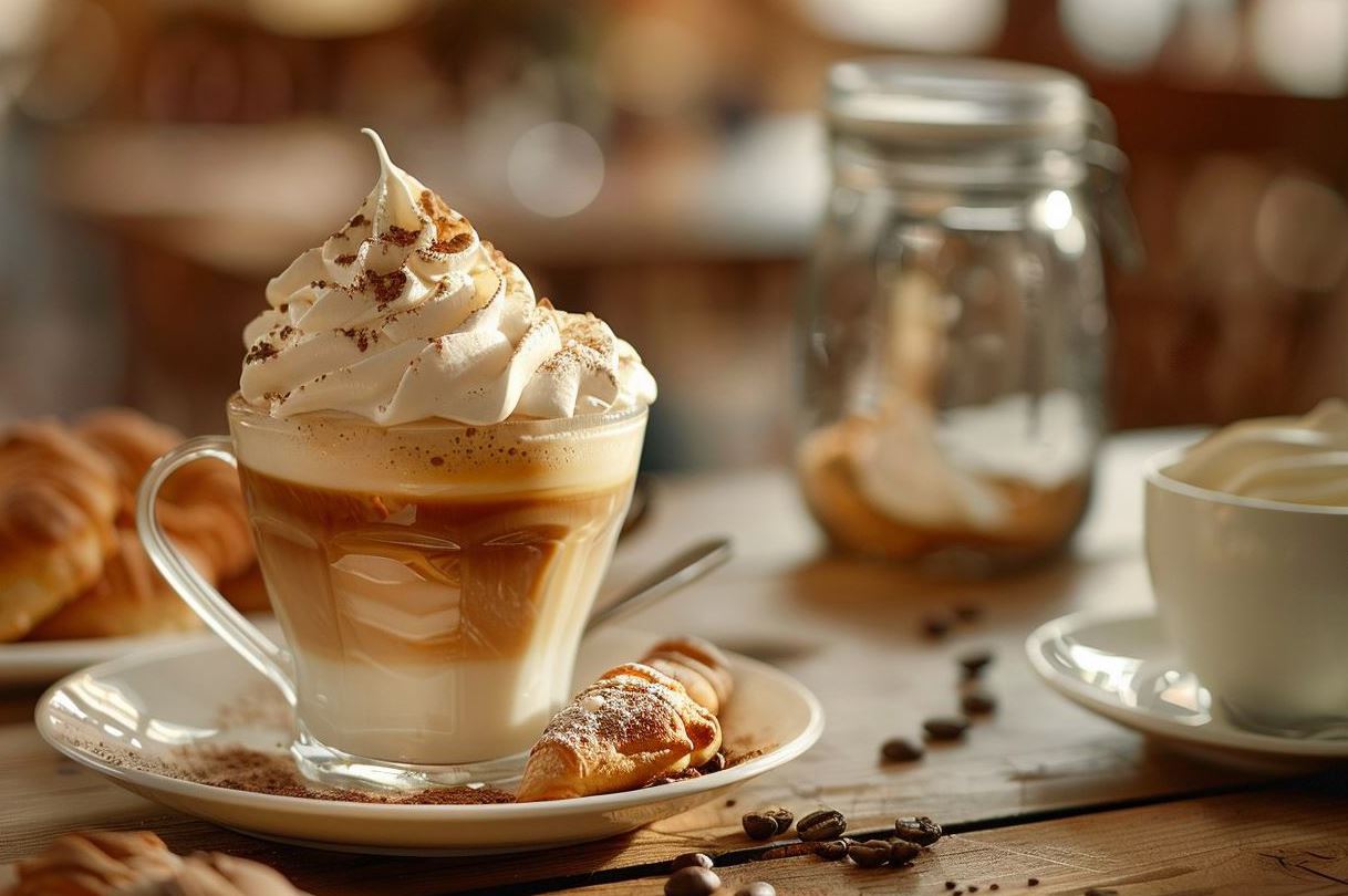 A Viennese coffee with whipped cream and croissants on the side, set in an elegant cafe setting. The scene captures the cozy ambiance of early morning or late afternoon, complete with glass mugs for drinks and vintage milk bottles visible in soft focus background. This composition is perfect as it showcases both food photography style and product showcase aesthetics, with attention to detail and lighting that adds depth and warmth to the image.