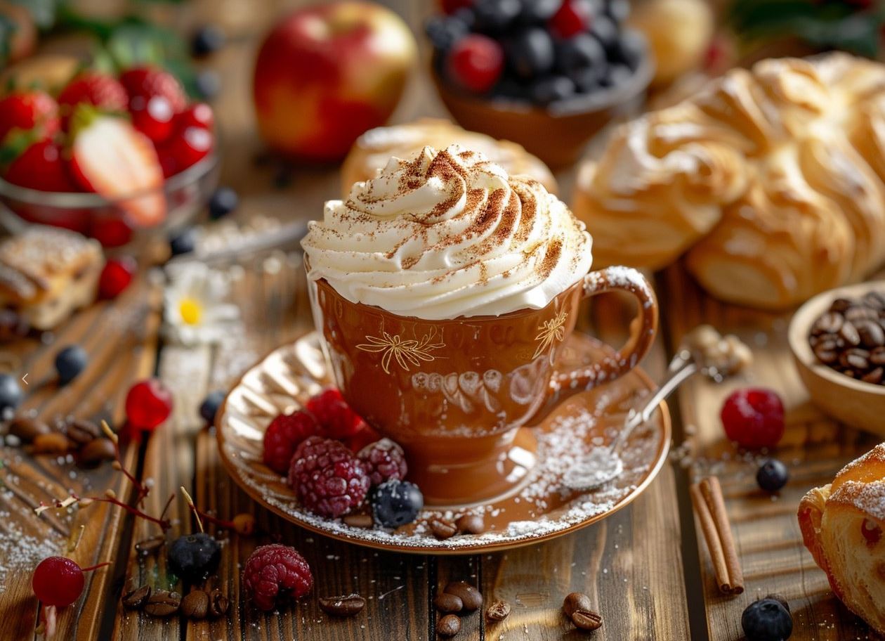 A cup of coffee with cream on top, surrounded by pastries and fruits, in an autumn setting. The background is a wooden table with scattered cinnamon, berries, and fruit on it. There are also some cacao beans nearby.