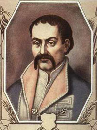 Portrait of Hetman Pylyp Orlyk, with mustache in the style vintage hand colored. The figure is wearing white and gray uniform, he has short hair and brown eyes.