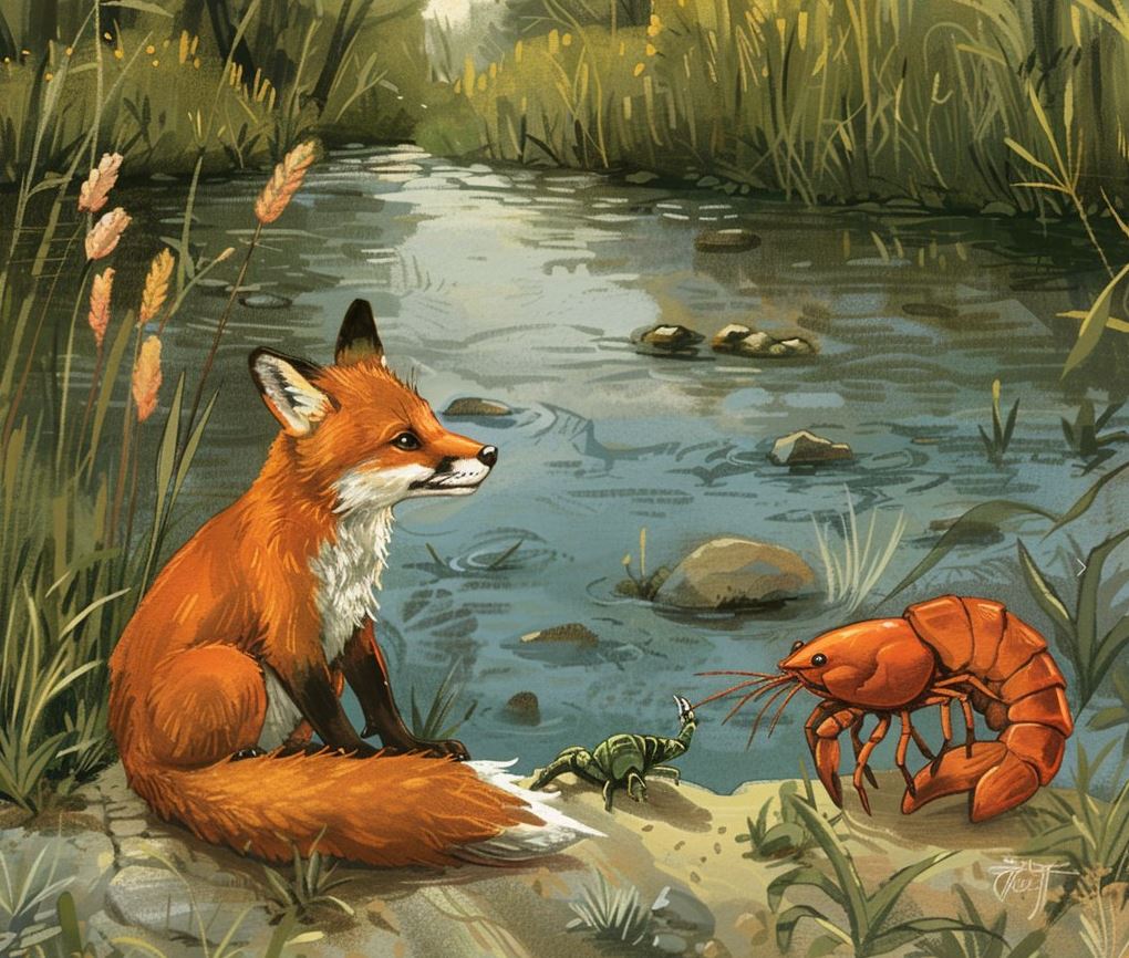 A children's book illustration of an orange fox sitting by the river, smiling at and playing, while a large red crayfish is nearby in a grassy environment. The scene have vibrant colors, with detailed textures on their fur. In style reminiscent of John Klassen' illustrations, this artwork captures playful interaction between these animals, creating a cheerful atmosphere for children