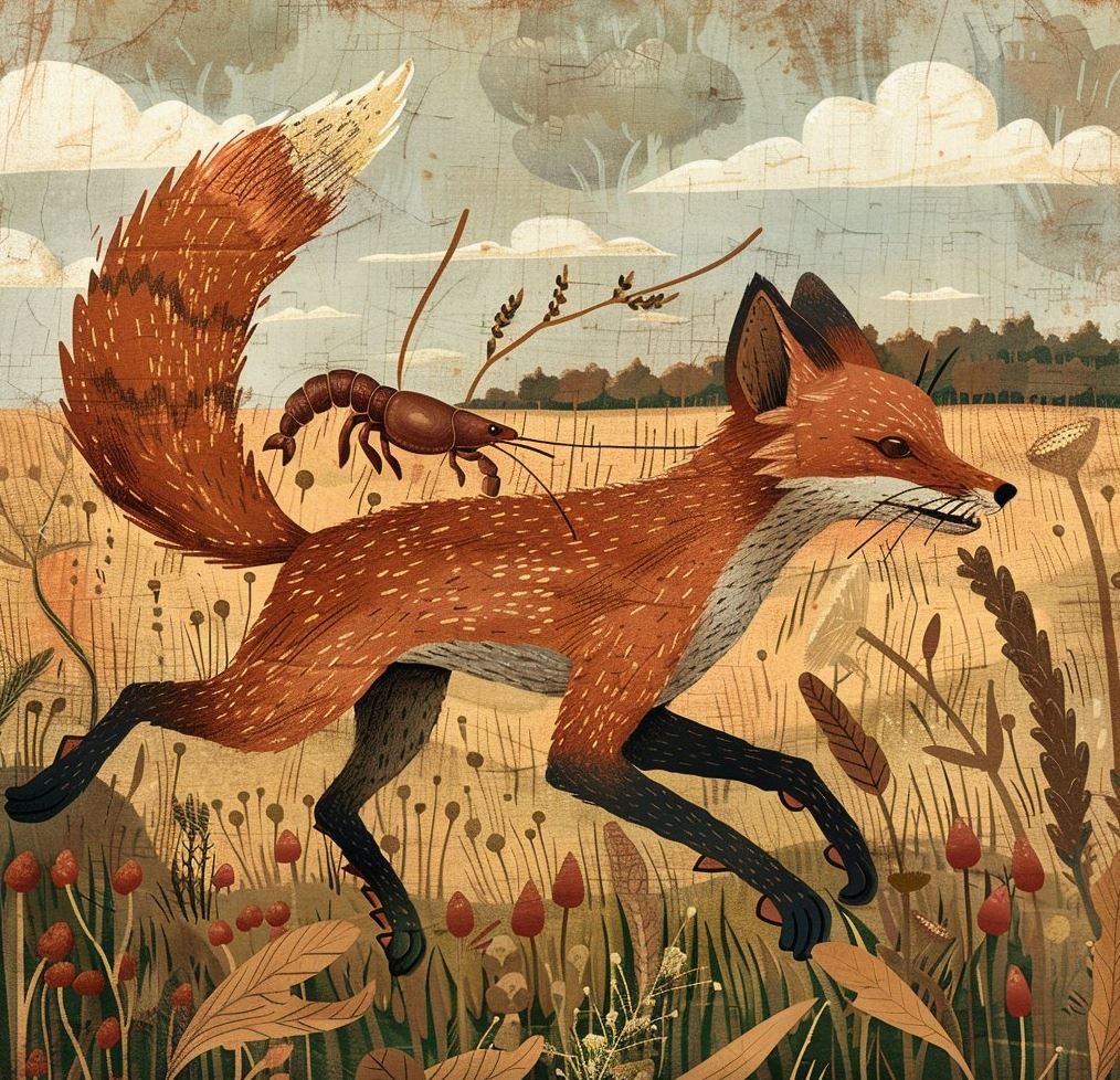 A fox is running in the field, with its tail raised high and showing off its beautiful colors. The scene includes a grassy meadow filled with wildflowers and tall wheat stalks. In front of it stands an enormous crayfish. This illustration has an old-fashioned style reminiscent of traditional children's illustrations found in storybooks. It uses flat color techniques to create a sense of nostalgia.