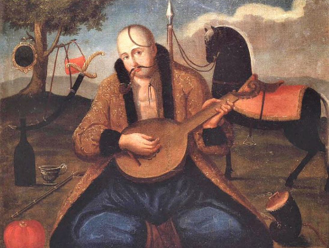 A renaissance painting of the Ukrainian Cossack playing kobza, sitting on ground with horse and turkish bag gripping by his legs in background, a mustache facial feature is visible , he wears robe made from fur.