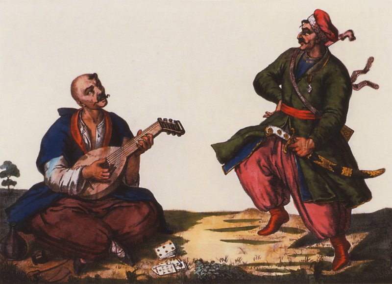 19th century drawing, watercolor. One kozak is playing a kobza or bandura, the second is dancing to the music. Both are dressed in national Ukrainian clothes, sharovars, zhupans, red boots. Playing cards on the floor. A time of rest and fun. The dancing Cossack has a saber on his belt.