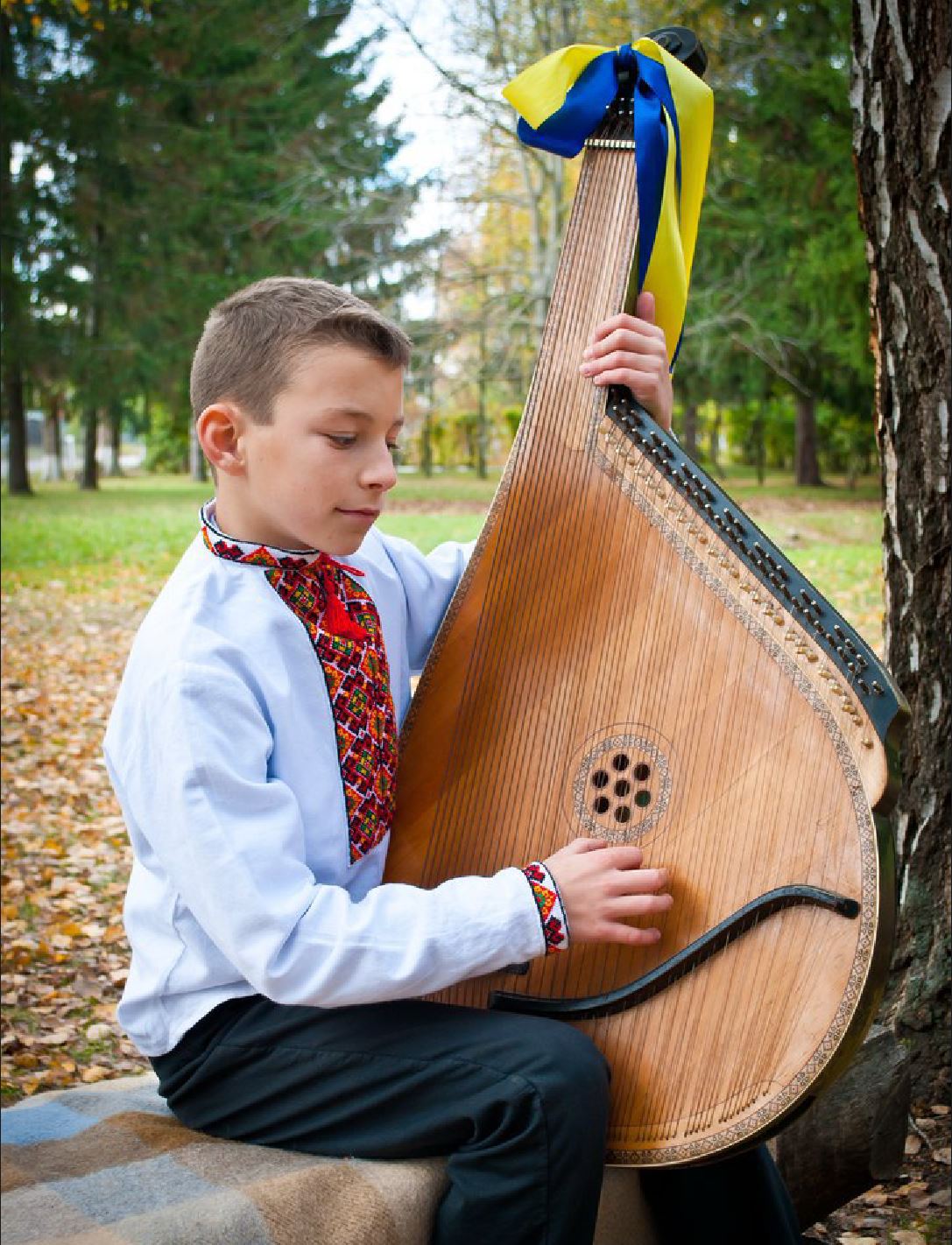 Contemporary photograph, a Ukrainian boy, a schoolboy, a beginner musician playing a bandura, on a bench in the park, wearing a national shirt embroidered vyshyvanka, on the bandura attached a ribbon in the colors of the Ukrainian flag. The bandura is big and beautiful.