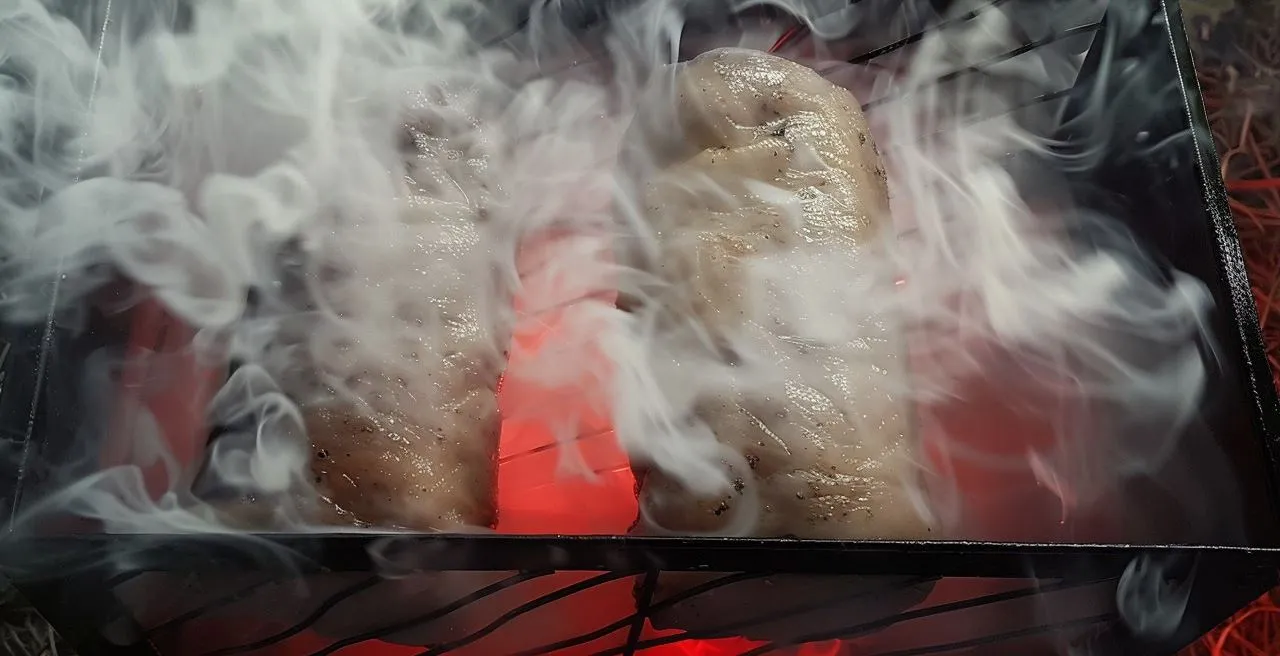 Two pieces of lard, Ukrainian salo lying in an open smokehouse, hot smoking, you can see the heat and flames at the bottom, smoke rising, aroma, heat. The lard is baked, cooked, smoked. The smokehouse is made of a metal grate, coals at the bottom are bright red.