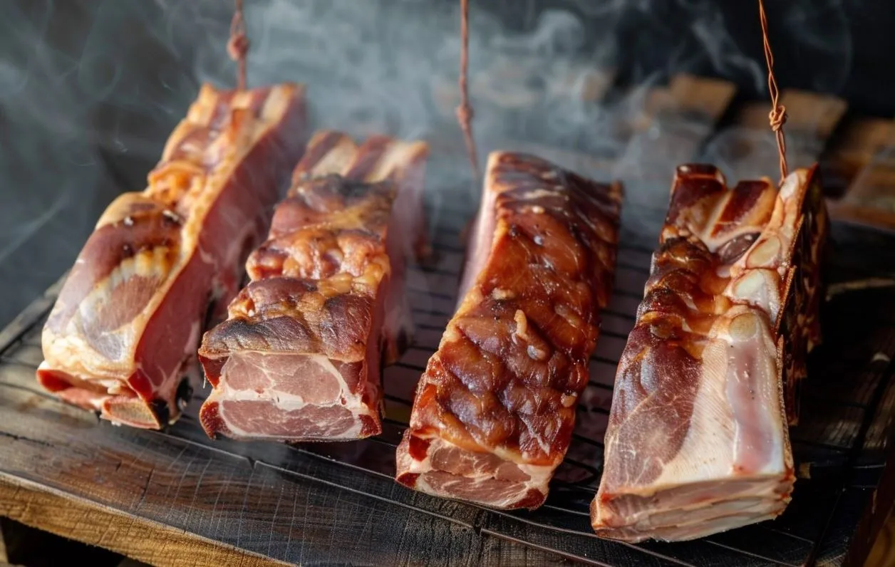 Smoked lard, Ukrainian salo, ready to eat, bright red color, rich, appetizing, smoky, you can see the meat and lard On a metal grate, on a wooden table. smoke rises from the meat and lard.