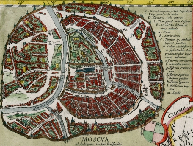 Map of Moscow from Willem Blau's atlas, 1613. An old map of Moscow from the time when it was part of Christian Russia, showing all its red buildings and streets inside city walls. The whole view is from above.