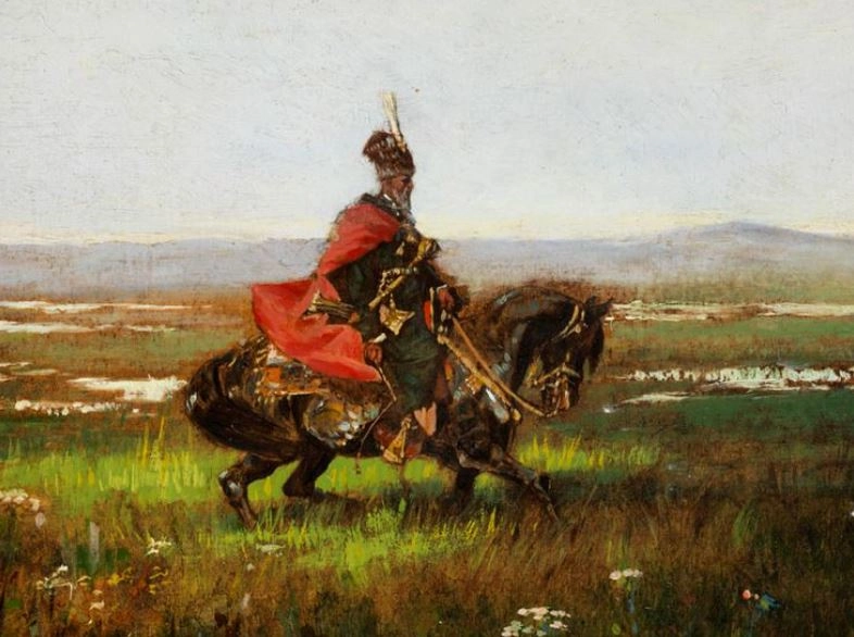Petro Konashevych Sahaidachnyi, detail of the painting "Greetings of the Steppes". A horseman rides across the steppe. Old picture.