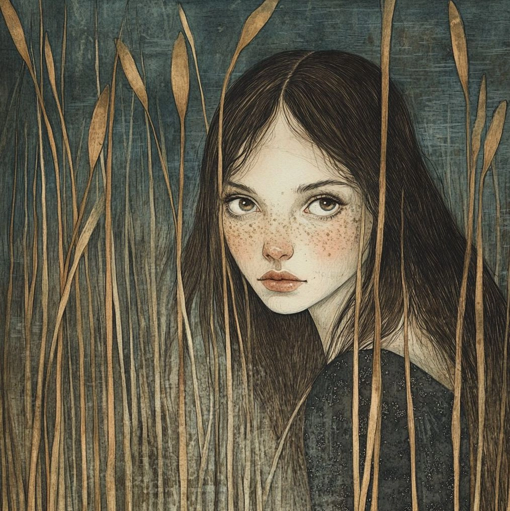 A girl with long hair stands in the reeds, surrounded by tall grass and brown foliage. She has freckles on her face and is wearing dark attire . The background features blue tones, creating an atmosphere of mystery or sadness.