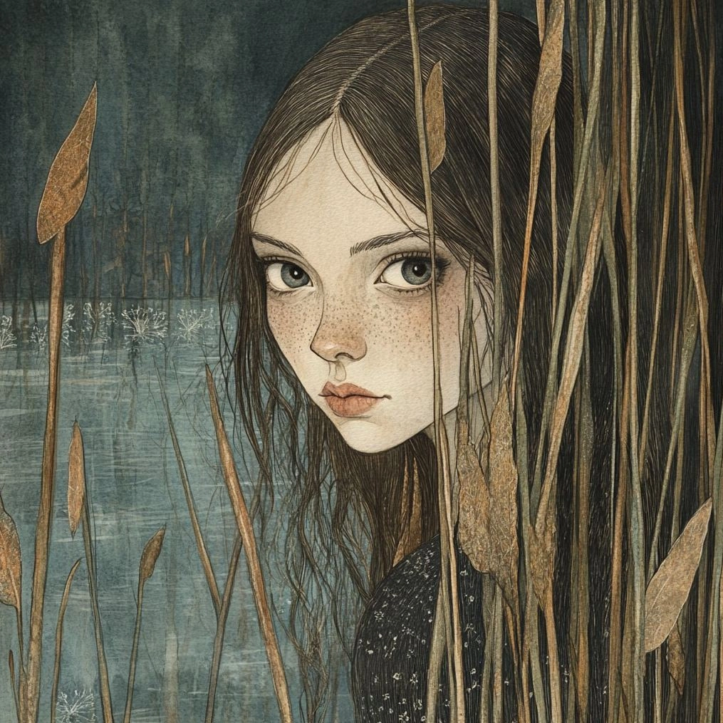 A girl with long hair and bangs, surrounded by reeds in the water, in the style of children's book illustration, with woodcut-inspired graphics, detailed facial features, and the style of portrait miniatures, precise lines and shapes, and watercolor on a dark background.