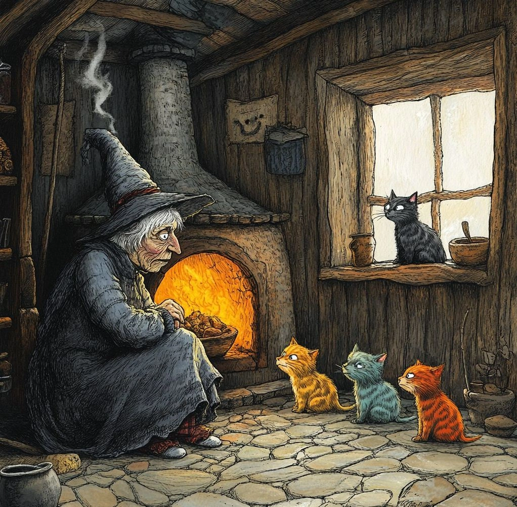 A witch sitting by the fire in her hut, surrounded by cats of different colors and sizes, all looking at each other curiously. The scene is rendered with colored pencils, capturing intricate details like fur textures on their coats and faces. It's set against an old wooden wall background, adding to its rustic charm.