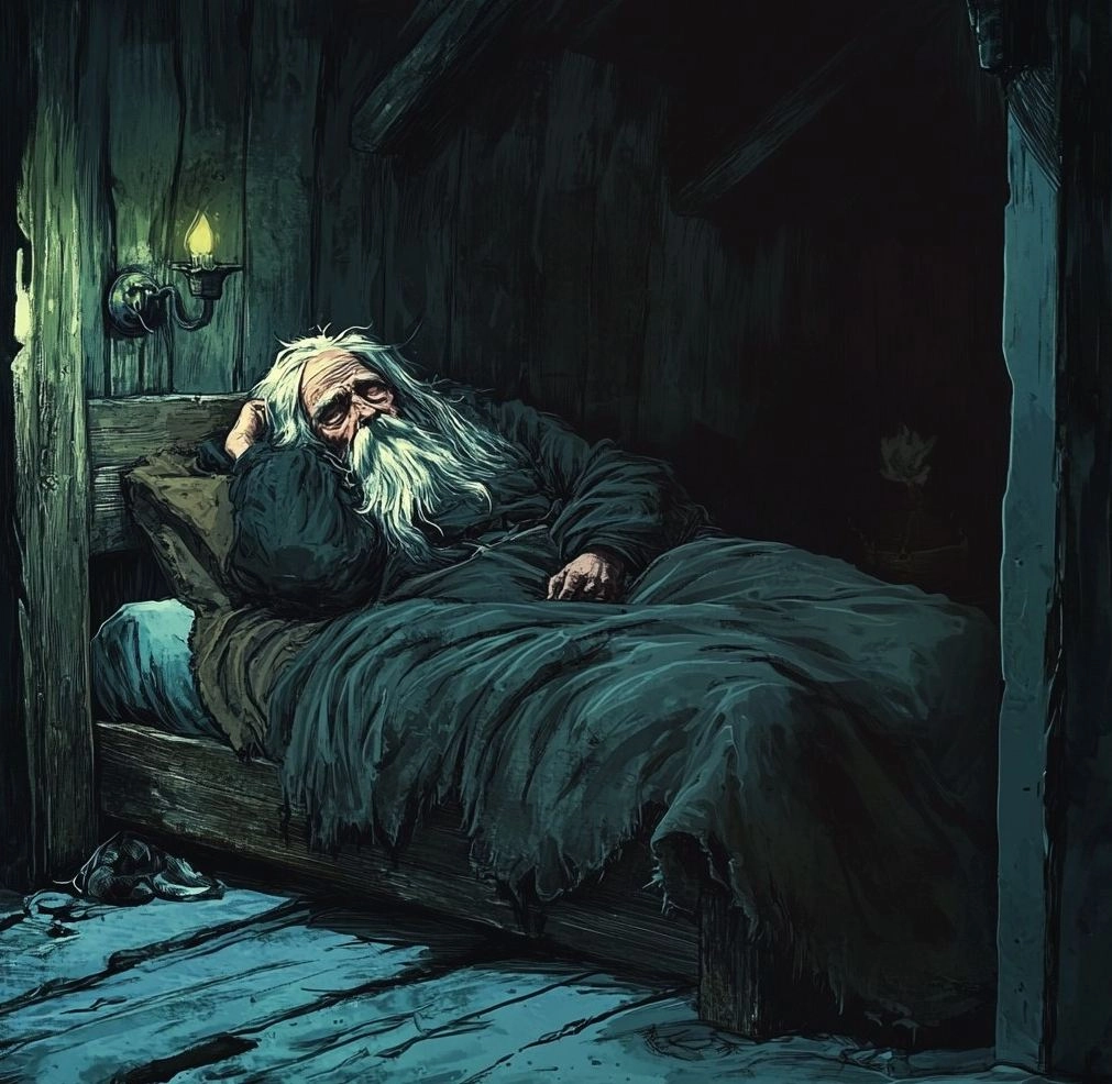 A drawing of an old man with long white hair and beard, sleeping in bed inside his small wooden house at night. The room is dark but has one candle light on the wall above him. He wears worn-out black  covered by grey blankets that cover most of his body. In the style of fantasy game concept art.