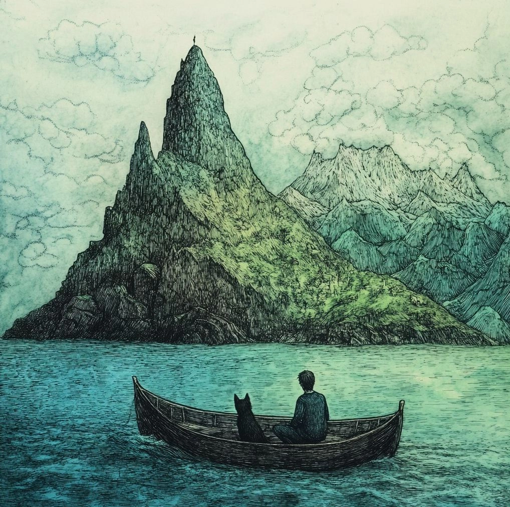 A lad and his fellow cat in an old wooden boat on the ocean. There is an island with three large mountain peaks rising from behind them. The water is a green-blue hue, and the sky has white clouds. The artwork is in an etching, aquatint, and surrealistic style, with a dreamlike atmosphere and soft tones, soft shadows, and a textured background.