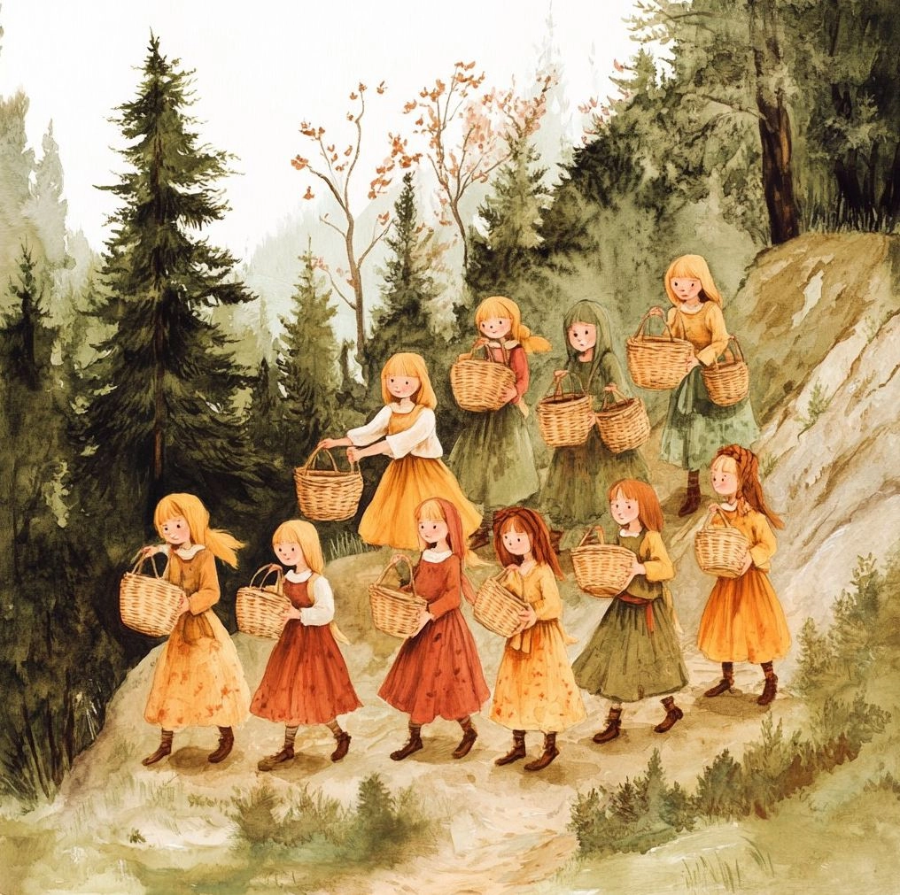 A group of girls with baskets in their hands, dressed like children's storybook illustrations in the style of  and  walking up the hill on an adventure to pick herbs from forests, mountains, hills, fields, meadows, streams, lakes. The illustration features watercolor, gouache, soft pastel, delicate brushstrokes, children's book illustration style, simple, cute, full body shot, wide angle, close-up, warm colors of green, orange, yellow, red, brown, white, and pink, blue.