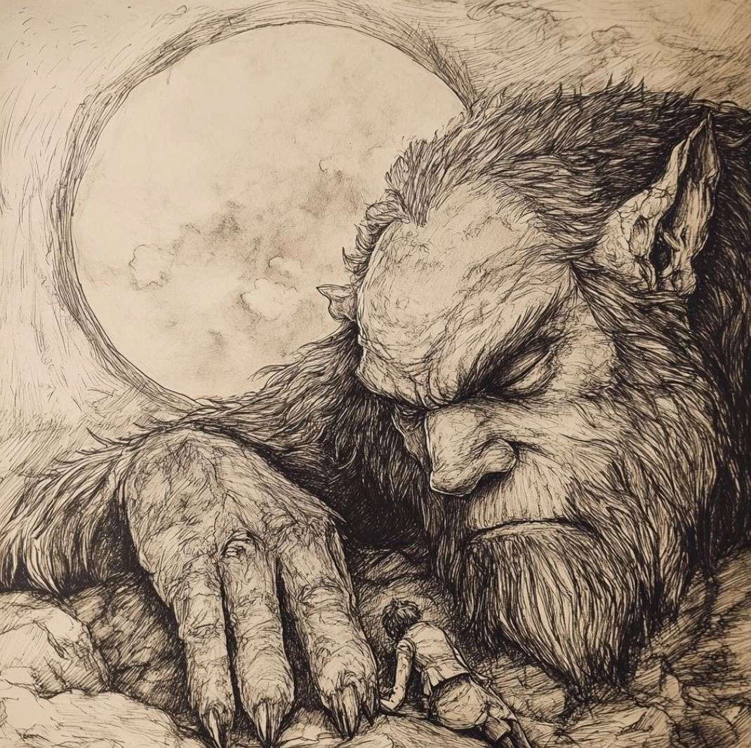 A pencil drawing of an old, large, and muscular master-giant with his head on the ground in front of him, resting one hand against its face. He is sleeping but his claws are spread out from under them as if he was about to attack something.