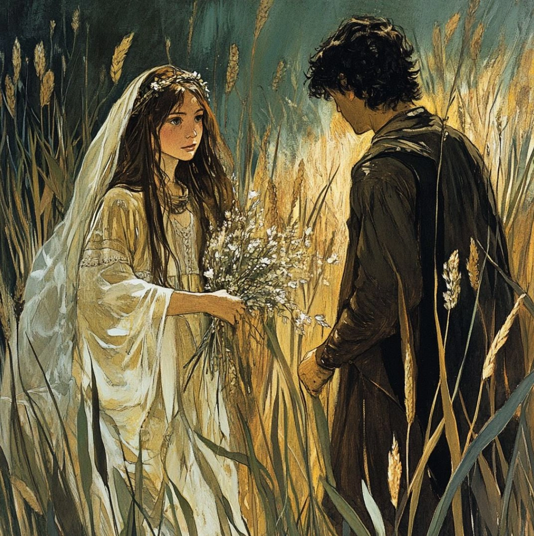 A young woman in a white wedding dress and veil is holding flowers, standing next to a man wearing a black cloak with dark hair. They stand among tall grasses, with detailed facial features and a romantic style. The background is a dark green with soft tones, and the illustration has detailed facial details, in the style of a watercolor painting.