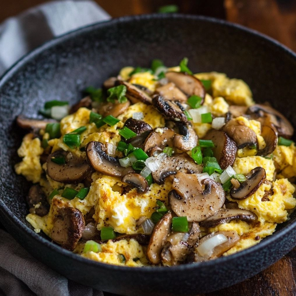 Sizzling breakfast dish of traditional mushroom-scrambled eggs with salo, topped with fresh green onion slices and scattered mushrooms. The dish is served in an elegant black bowl, set against the backdrop of soft morning light, creating a cozy atmosphere for enjoying the delightful combination of earthy tones and vibrant colors.