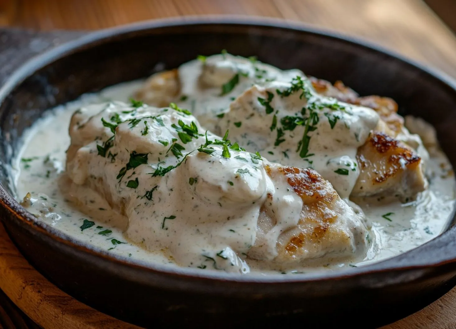 Pike with Horseradish Cream Sauce. Pike pieces in delicate sauce on a plate garnished with herbs
