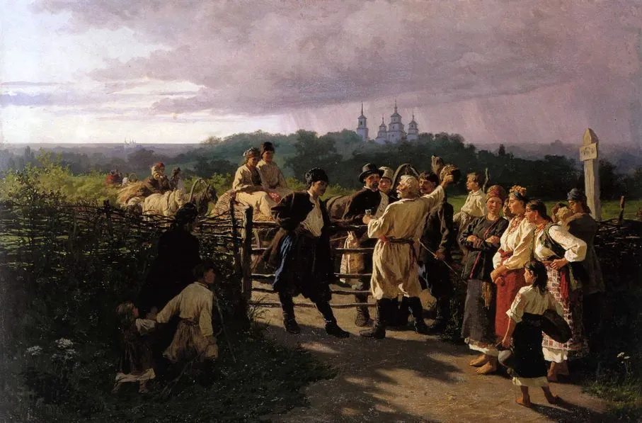  The painting depicts a traditional Ukrainian bride ransom, a cheerful ceremony with jokes and fun activities. The action takes place in a courtyard, with a rural landscape and a church visible in the background.