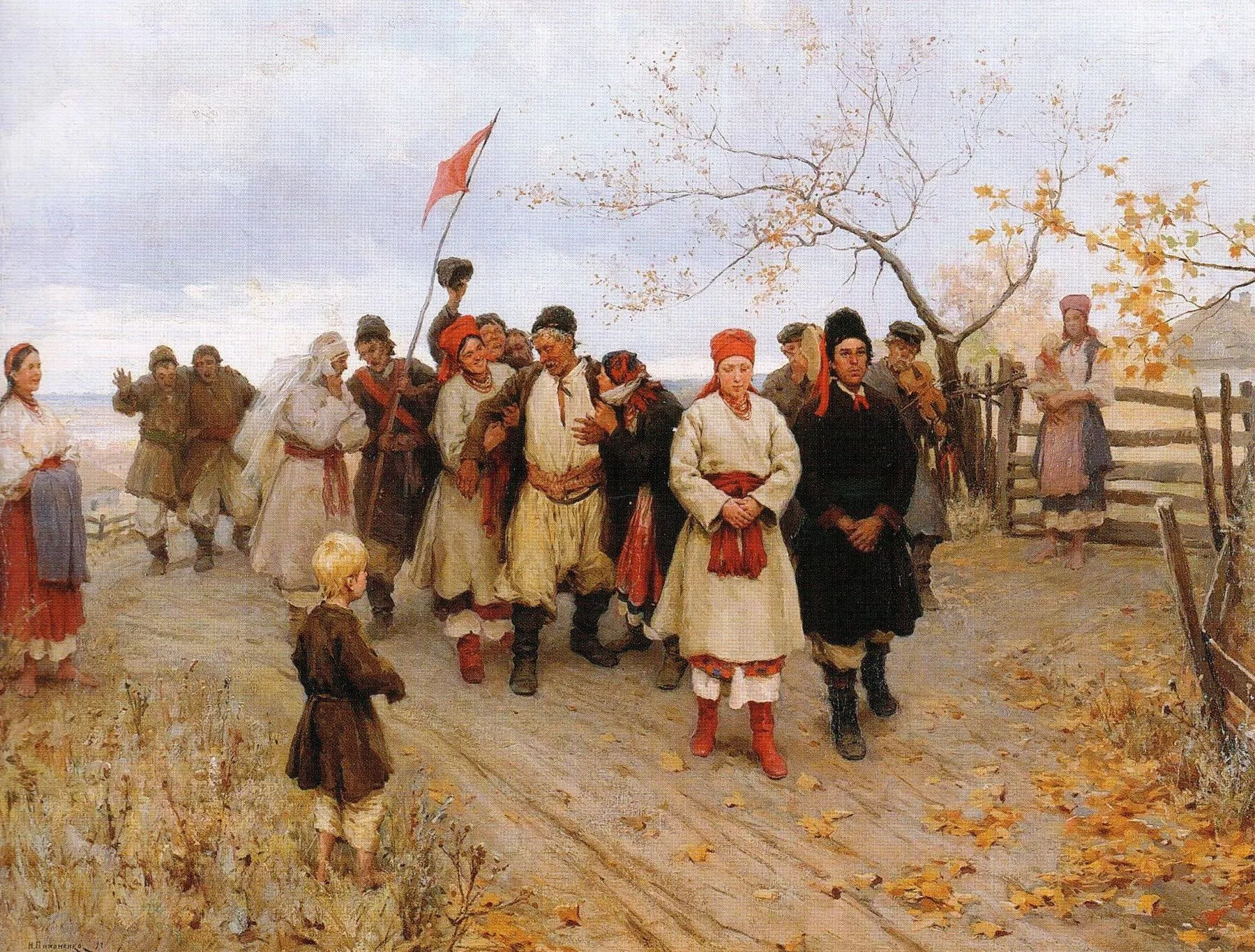 The painting depicts a cheerful Ukrainian wedding party in the Kiev province of the 19th century. A young man and a young woman accompanied by close people, relatives, in festive outfits are walking along the road.