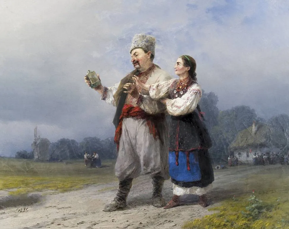 The painting depicts a dressed-up Ukrainian man and a Ukrainian woman in national costumes returning from a wedding party, the man holding a bottle of vodka and the girl trying to take it away from him, a humorous scene.