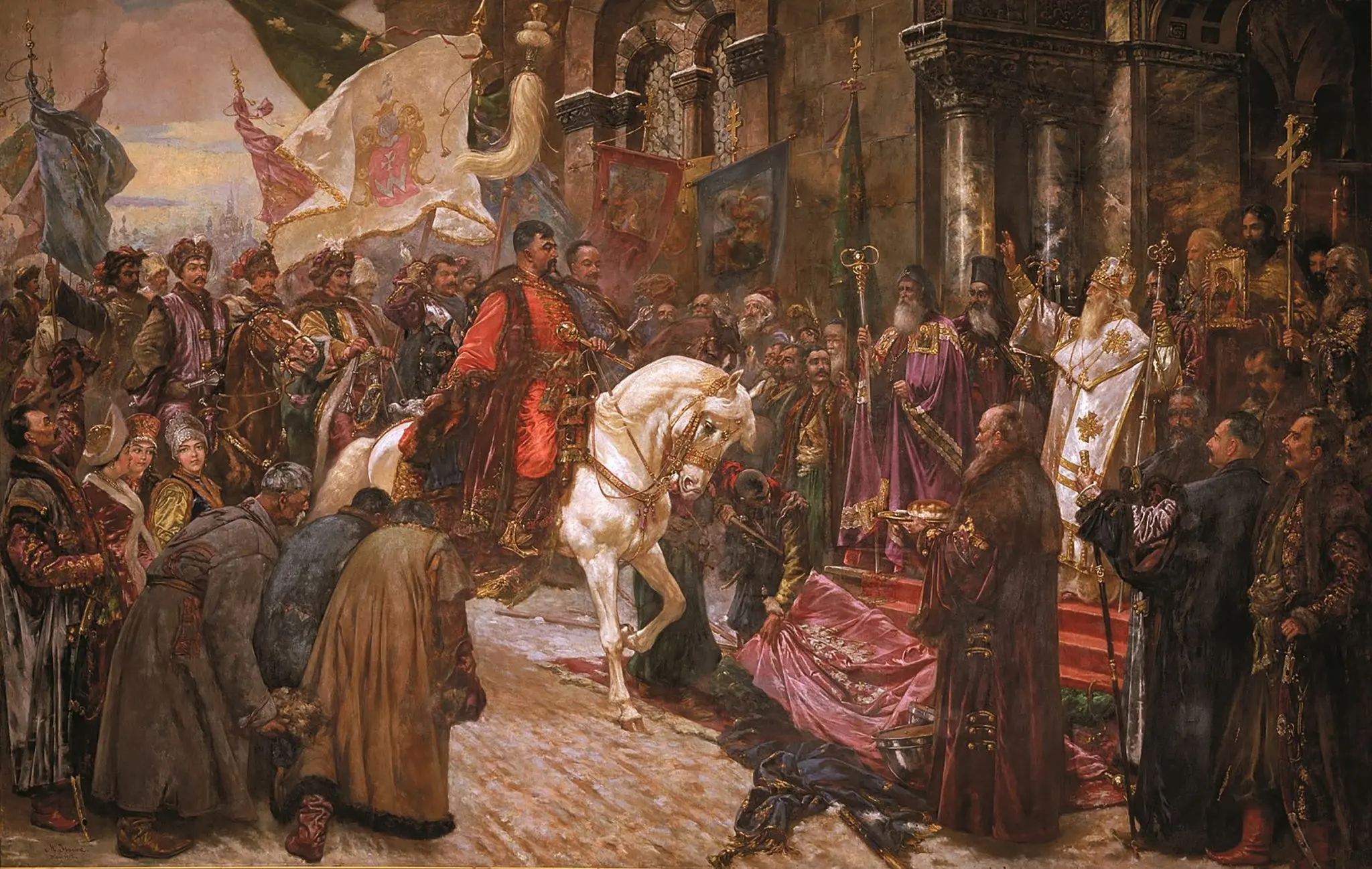 The artistic canvas depicts Hetman Bohdan Khmelnytsky entering Kiev on horseback on a beautiful white horse, in solemn attire, surrounded by people greeting him. The style of the painting is ceremonious.