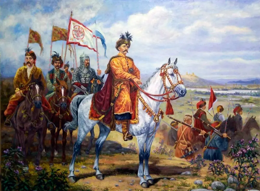 In this bright, lively painting, Hetman Bohdan Khmelnytsky rides a spirited white horse at the forefront of his troops, clad in richly embroidered robes and a plumed hat. The canvas vibrates with bold strokes of red and gold, capturing the movement of charging cavalrymen and fluttering banners. Behind him, a sweeping landscape of rolling hills and distant forests stretches under a clear blue sky.