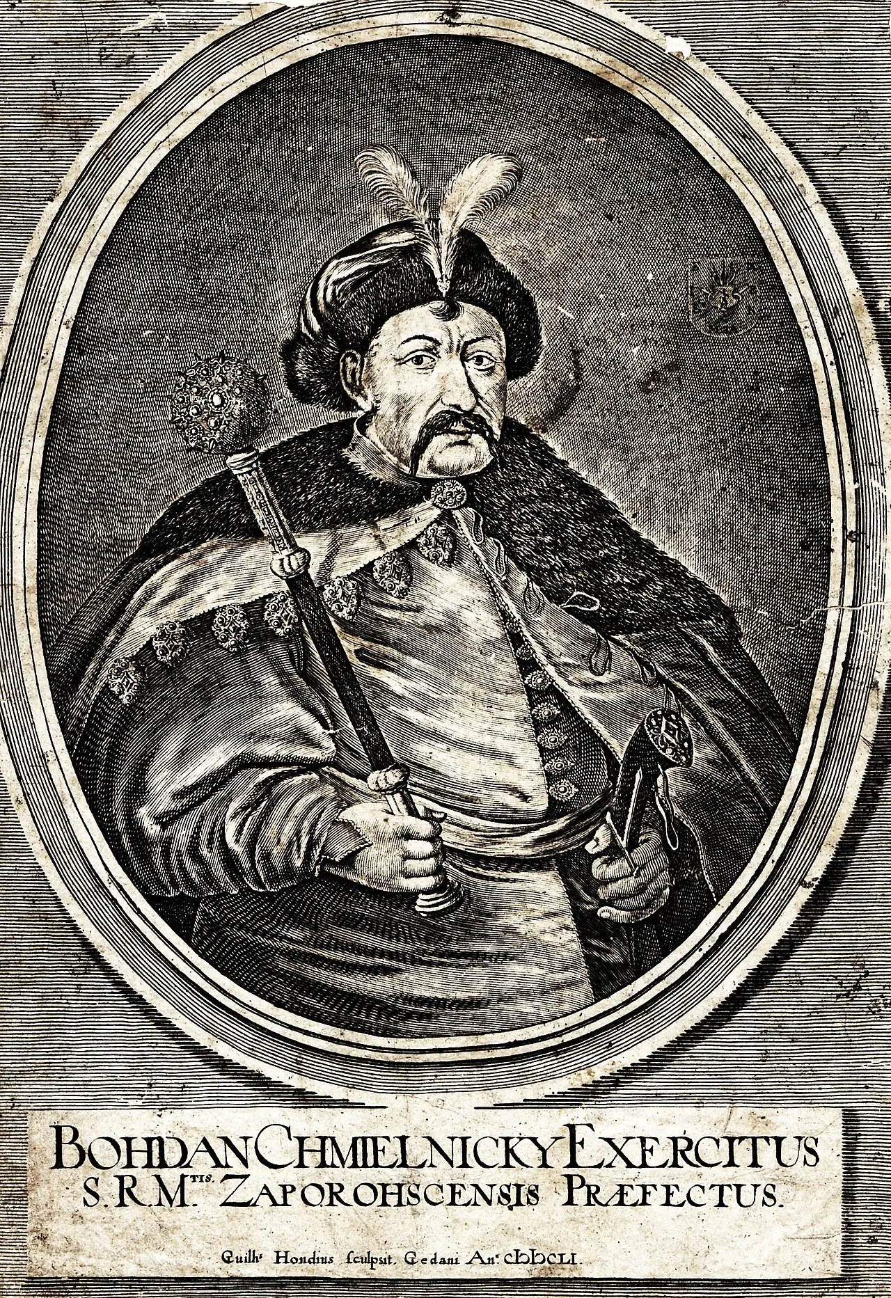 This classic black-and-white engraving depicts Hetman Bohdan Khmelnytsky in all his martial splendor: the ornate mace he holds firmly is etched with precision, its textures brought to life by careful stippling and hatching. Two white feathers rise from his hakama-style hat, their soft fluff captured in clean, unbroken strokes. The play of light and shadow across his face and garments conveys both dignity and resolve.