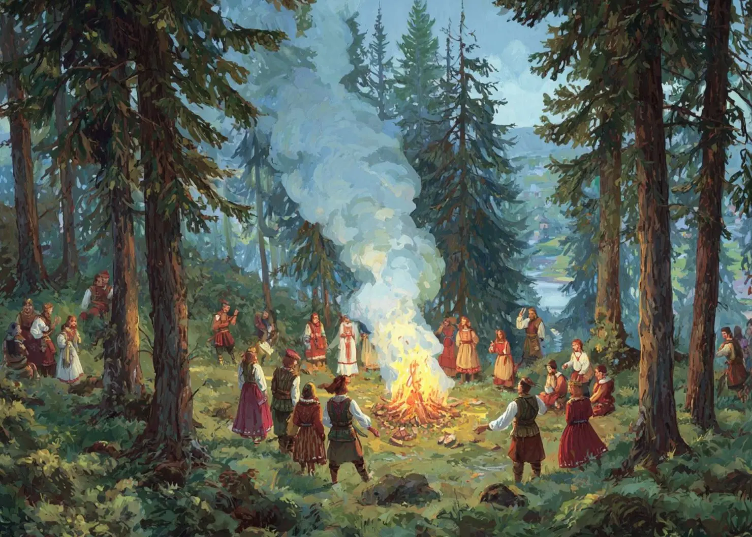 3. A group of people in traditional Ukrainian dress dance around a bonfire, surrounded by tall pine trees and green grass. Smoke rises from the flames, filling the air with joyous laughter and music. This scene captures their celebration of Ivan Kupala, a traditional Ukrainian festival. In the style of a folk art painting
