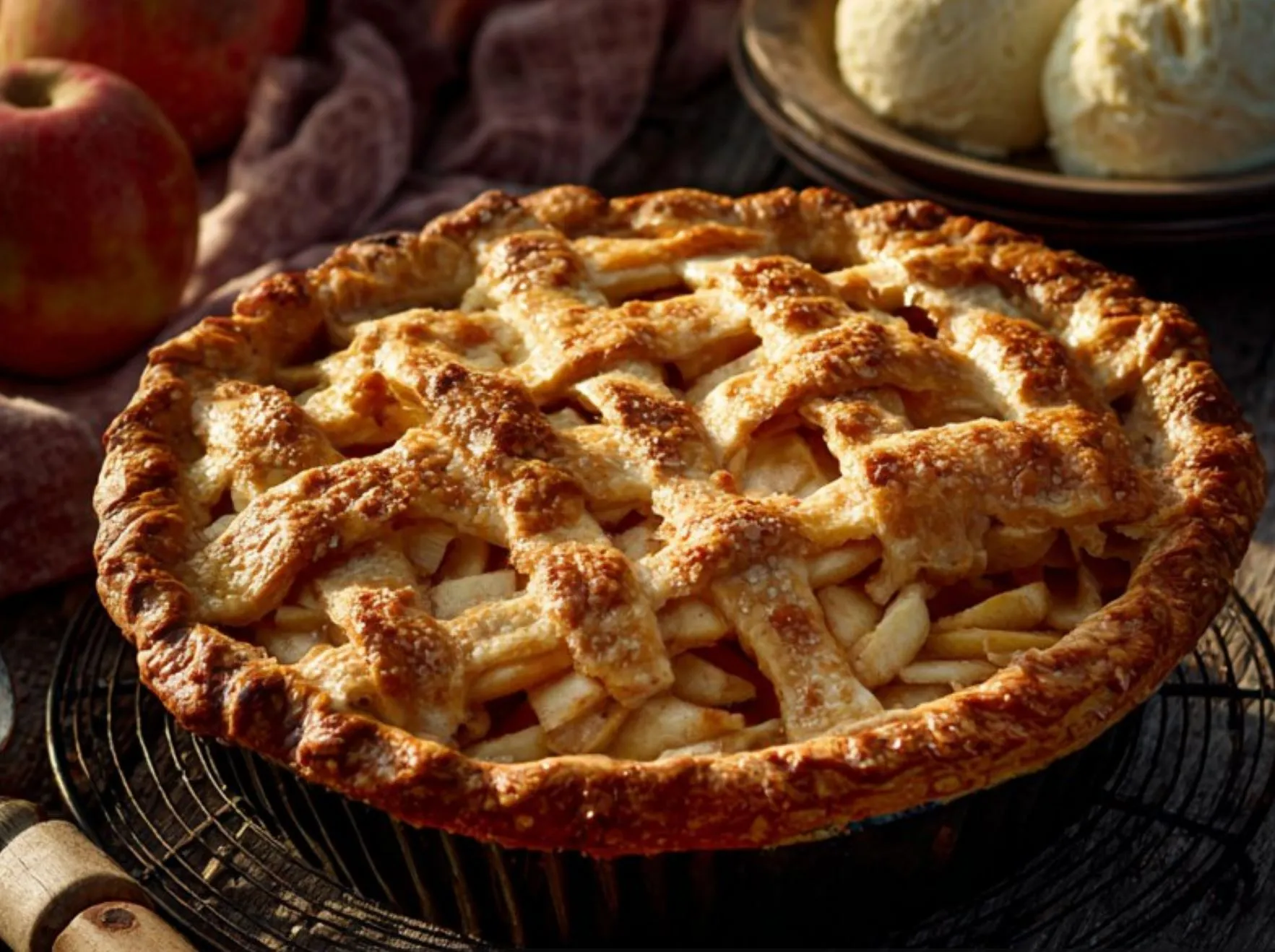 A freshly baked Ukrainian apple pie (Pyrig z Yablukamy) cooling on a rustic wooden table, golden crust with a lattice top, sliced apples peeking through, served with a scoop of vanilla ice cream, soft sunlight illuminating the scene.