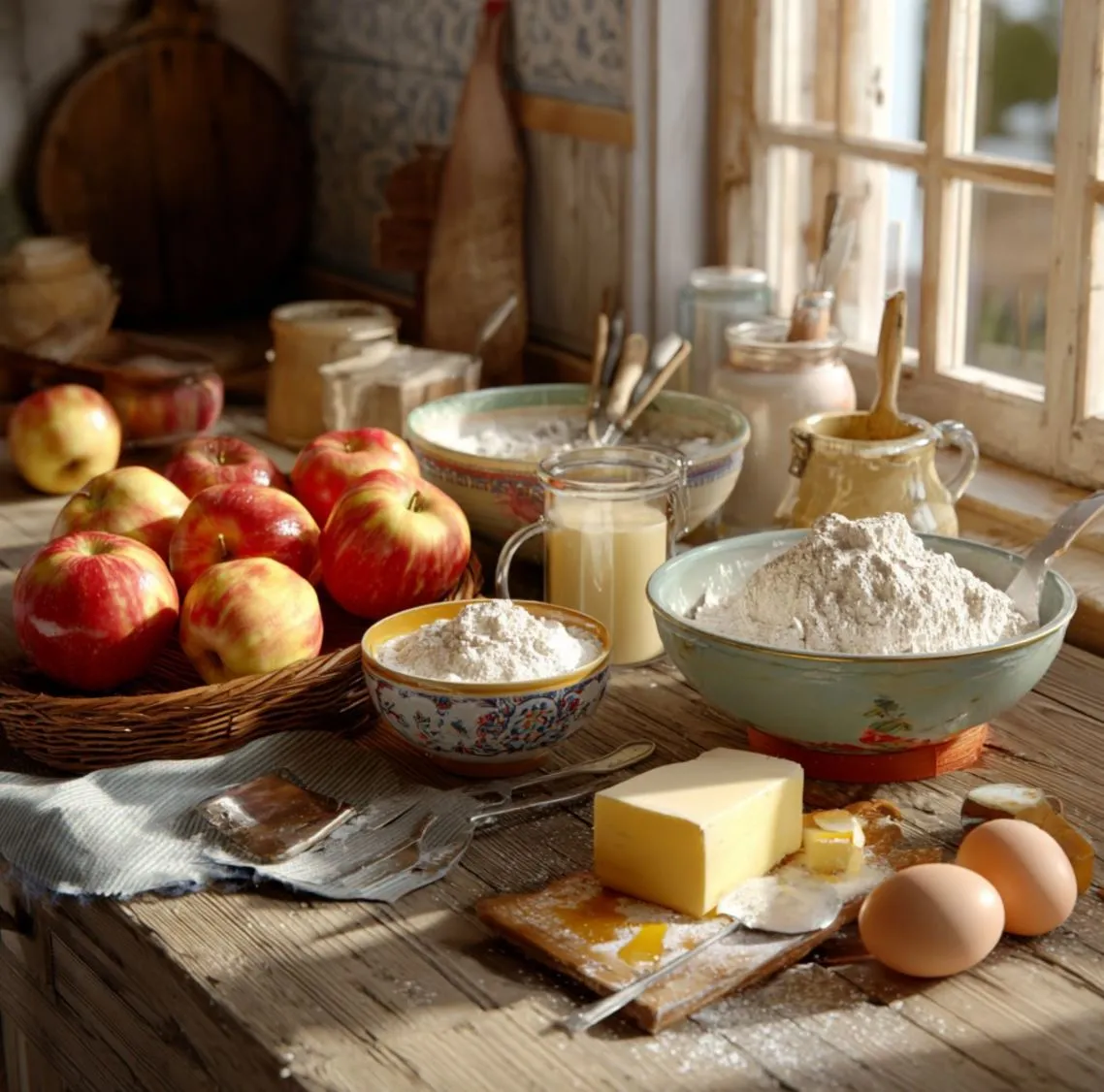 A beautifully arranged kitchen scene with ingredients for Ukrainian apple pie: fresh apples, flour, sugar, margarine, kefir, and an egg on a wooden countertop, soft natural lighting, vibrant colors, rustic atmosphere.