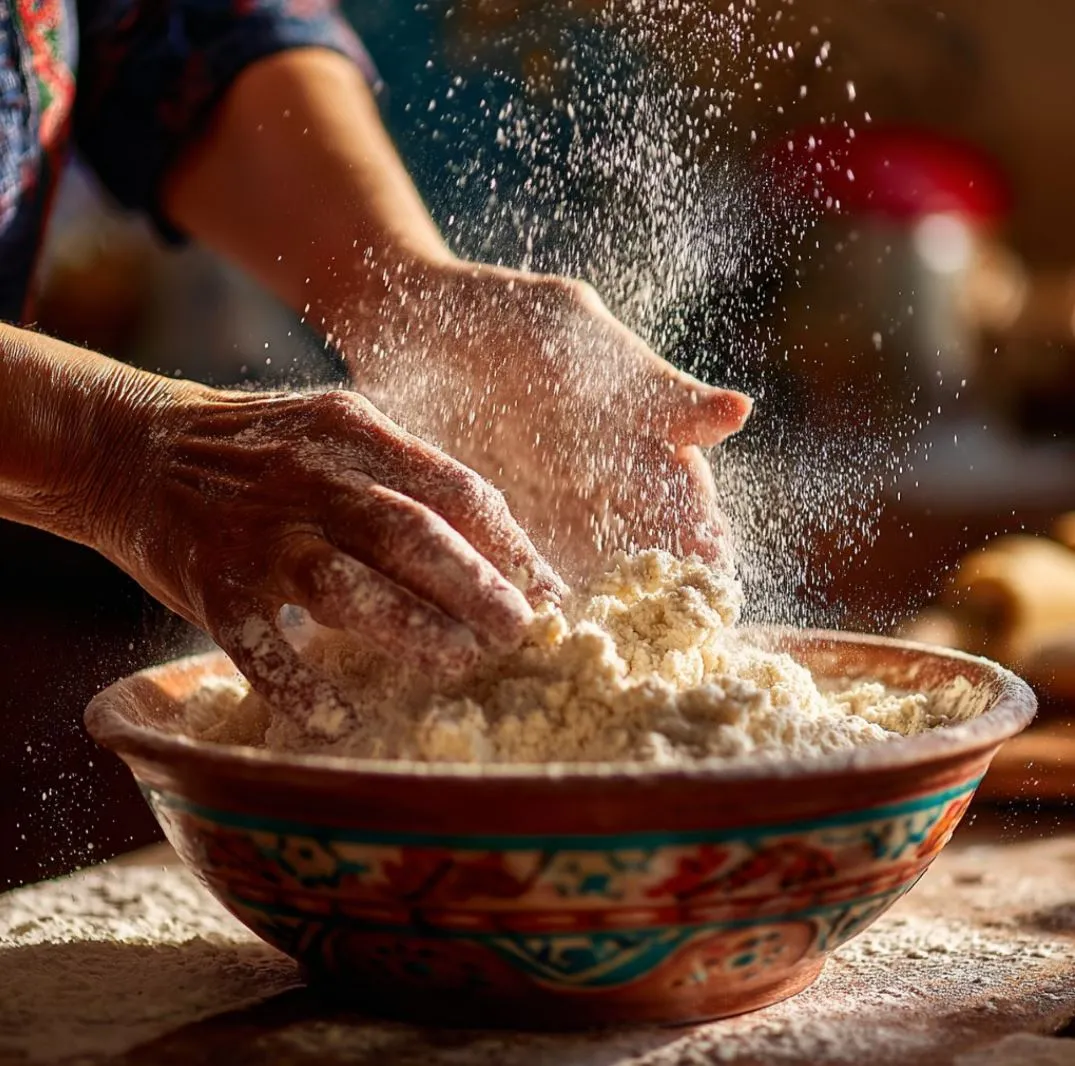 A close-up of hands mixing dough for Ukrainian apple pie in a bowl, with flour dust flying in the air, vibrant colors, warm lighting, and a cozy kitchen background.