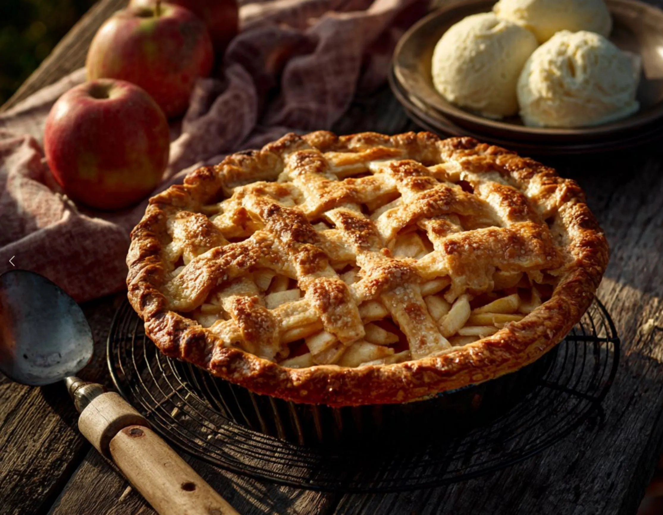 A freshly baked Ukrainian apple pie (Pyrig z Yablukamy) cooling on a rustic wooden table, golden crust with a lattice top, sliced apples peeking through, served with a scoop of vanilla ice cream, soft sunlight illuminating the scene.