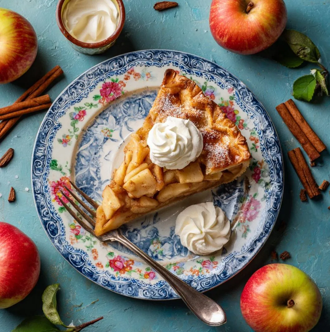 An overhead shot of a slice of Ukrainian apple pie on a vintage plate, garnished with a dollop of whipped cream, surrounded by fresh apples and cinnamon sticks, bright colors and inviting atmosphere.