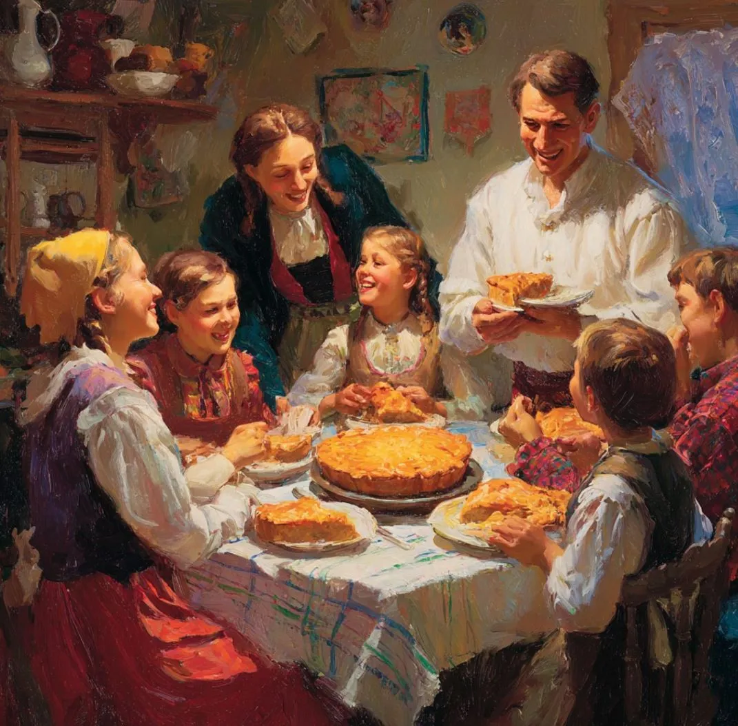 A family gathered around a dining table enjoying slices of Ukrainian apple pie, warm smiles and laughter, cozy home setting with soft lighting, capturing the joy of sharing food and tradition.